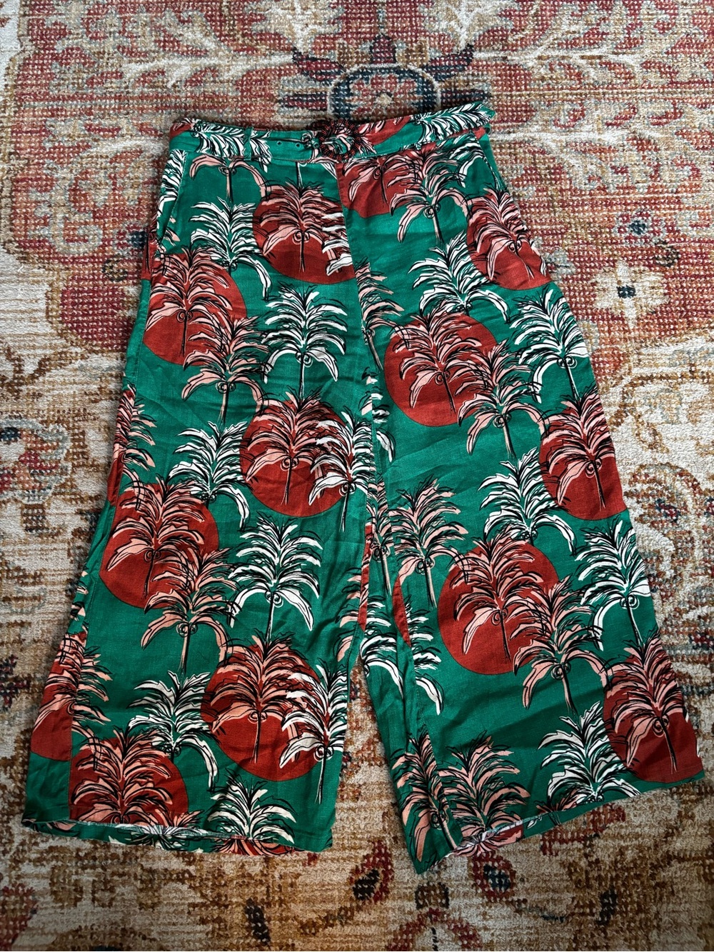 Nicole Miller New York Linen Kelly Green Palm Print Wide-Leg Pants